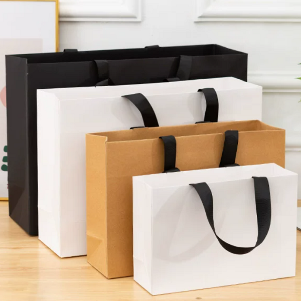 Paper Shopping Bags with Wide Ribbon Handles for Boutique Retail Packaging