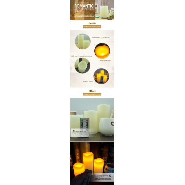 3D Flameless Battery Operated Led Candles Button Control Pillar Waved Real Paraffin Wax Christmas Handmade Warm White LED