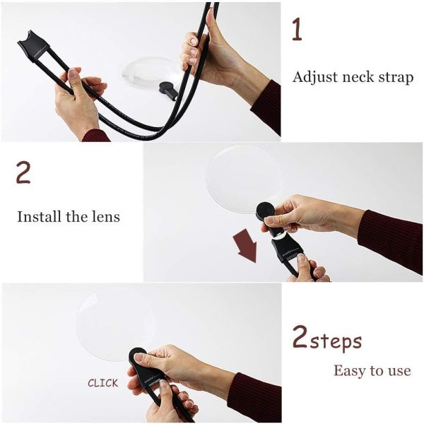 3-in-1 Neck-Hanging Magnifying Glass with PMMA Lens for Hands-Free Reading and Crafting