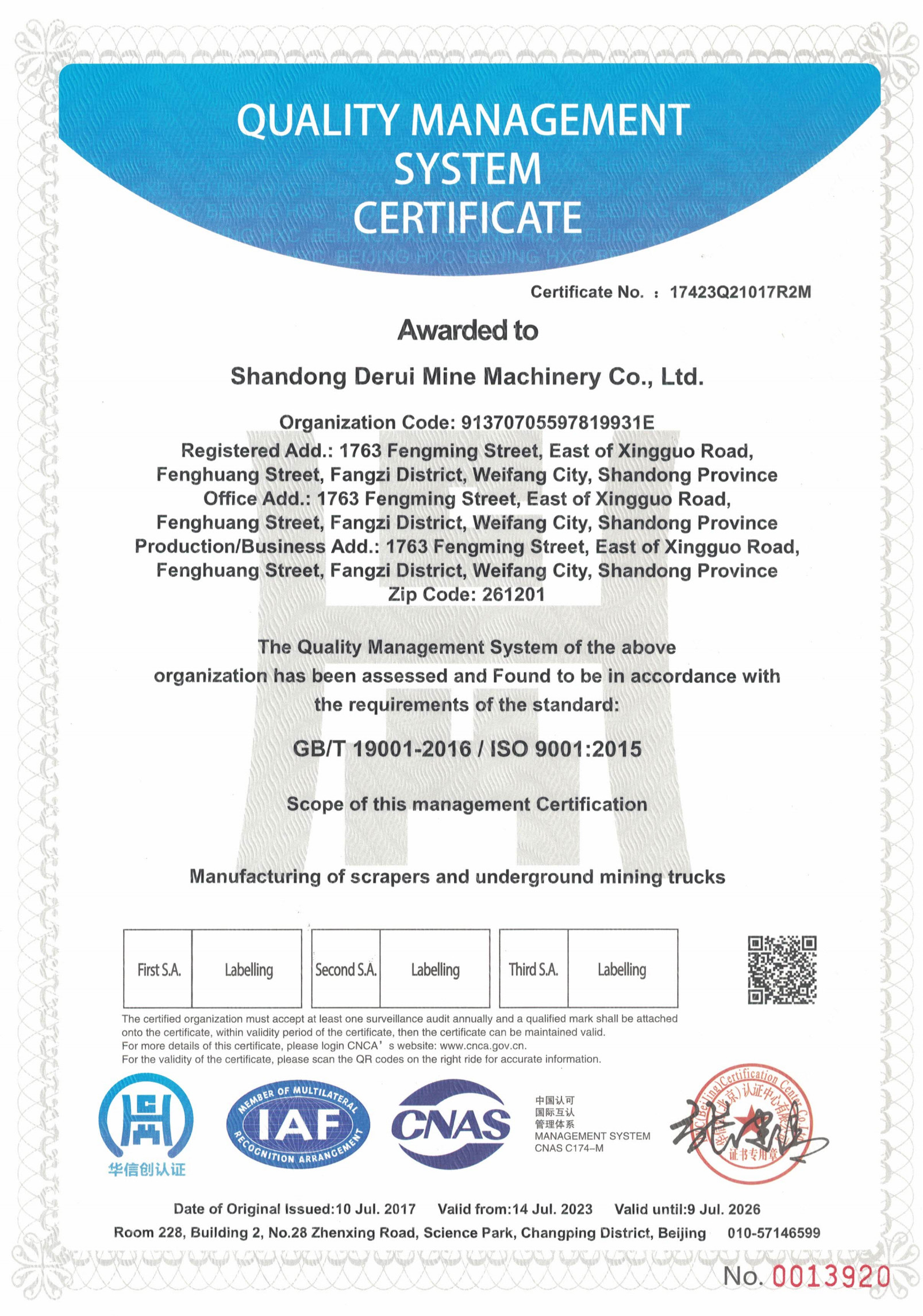 Shandong Derui Mining Machinery Co., Ltd. Сертификации