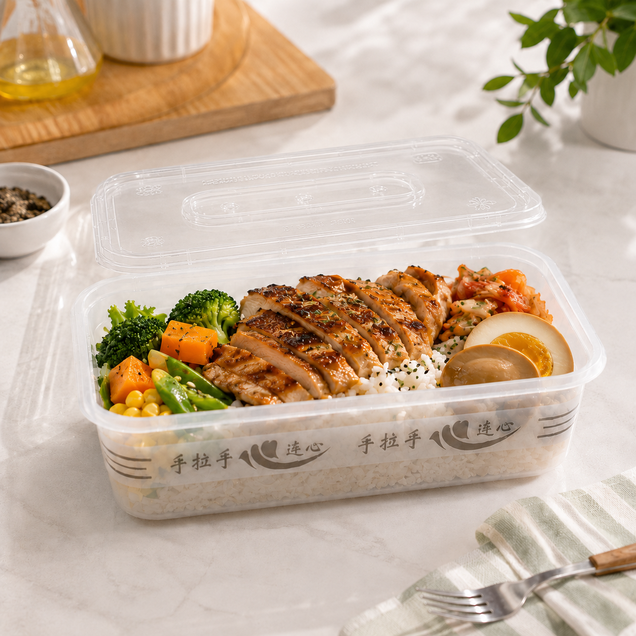 Full Meal Packaging PP Food Containers 750ml Large Square Takeaway Box with Lid