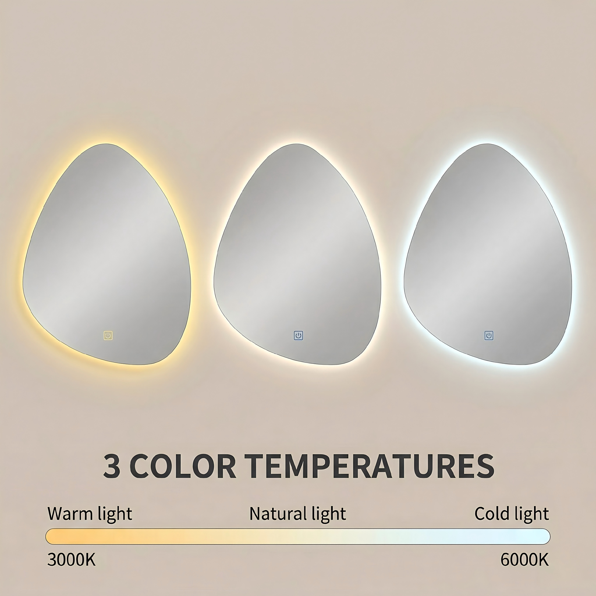 Kingstin Asymmetrical LED Bathroom Mirror Pebble Irregular Wall Mounted Lighted Vanity Mirror 3 Colors Dimmable