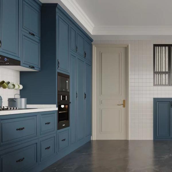 Melamine Solid Wood Laminate Blue Gray Kitchen Cabinets Scratch Resistant Traditional Cabinets Kitchen