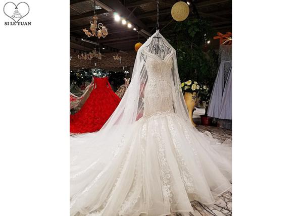 Off White Wedding Ladies Bridal Gown Custom Beading Lace Long Fishtail Bandage
