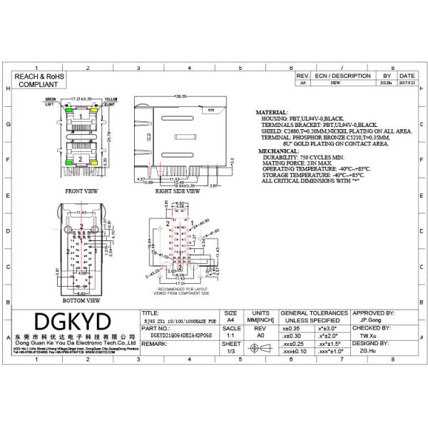 Фильтр POE локальных сетей гигабита гнезда мульти-порта DGKYD21Q064DB2A4DP068 2X1 с соединителем света и экрана RJ45