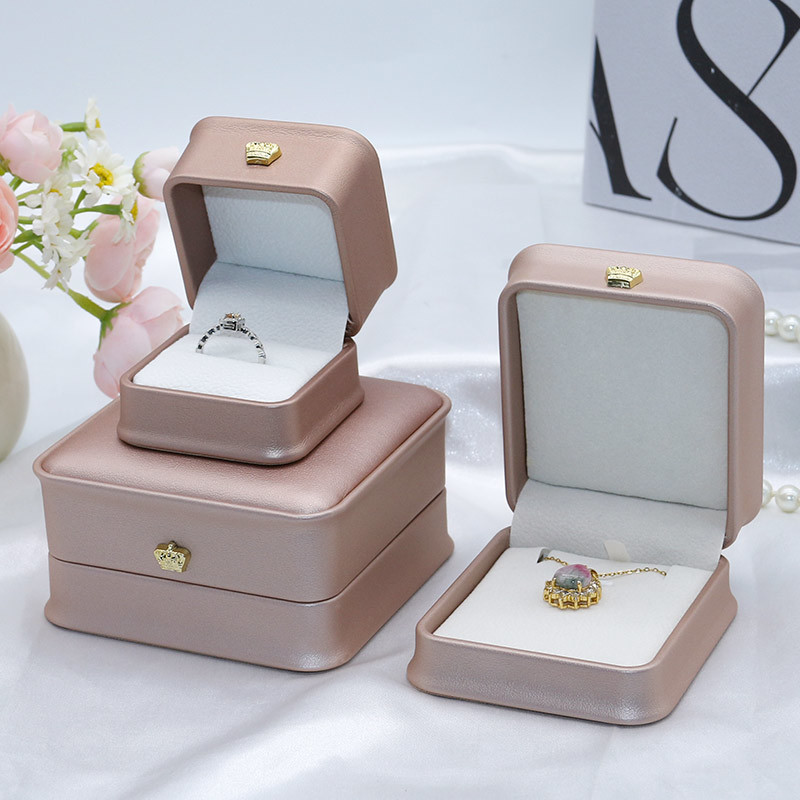 Pink PU Leatherette Jewelry Case Wedding Ring Box With Velvet Lining Elegant Packaging