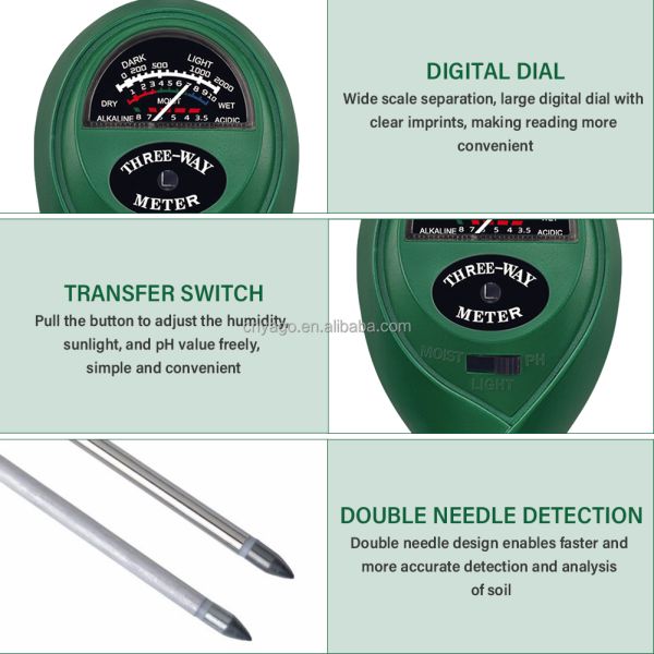 3-in-1 Soil Meter Moisture PH Light No Battery Required Dual-Probe Soil Tester For Indoor / Outdoor Plants Garden Lawn Farm