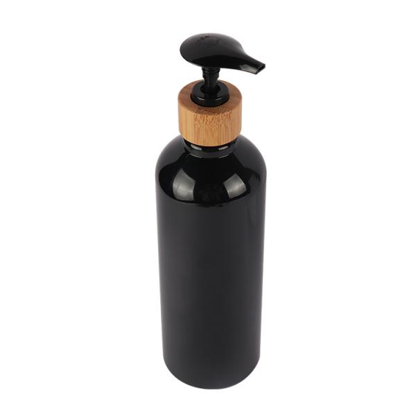 Black Round Shoulder PET Cosmetic Lotion Bottle With Natural Bamboo Lotion Pump