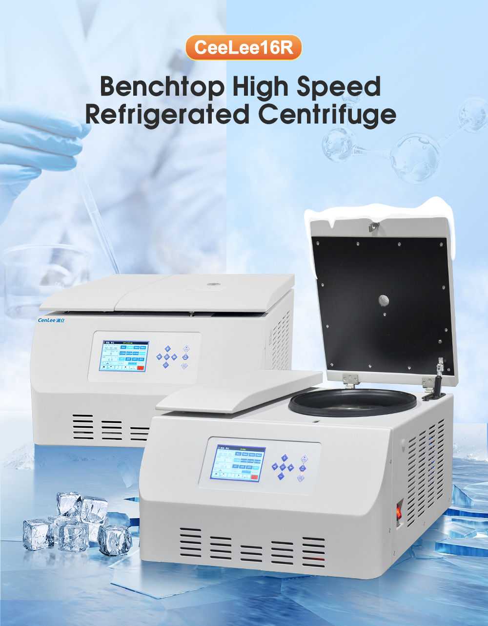 CenLee16R Benchtop Automatic Refrigerated High Speed Centrifuge 16600rpm 21532xg 600ml 6x100ml LCD Touch Display 10 Programs
