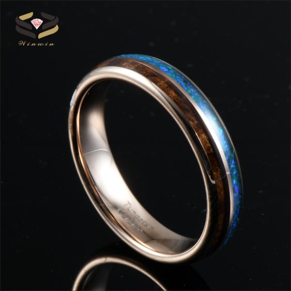 Anniversary Essential 5mm Rose Gold Women's Tungsten Ring with Wood Inlay and Opal Detail