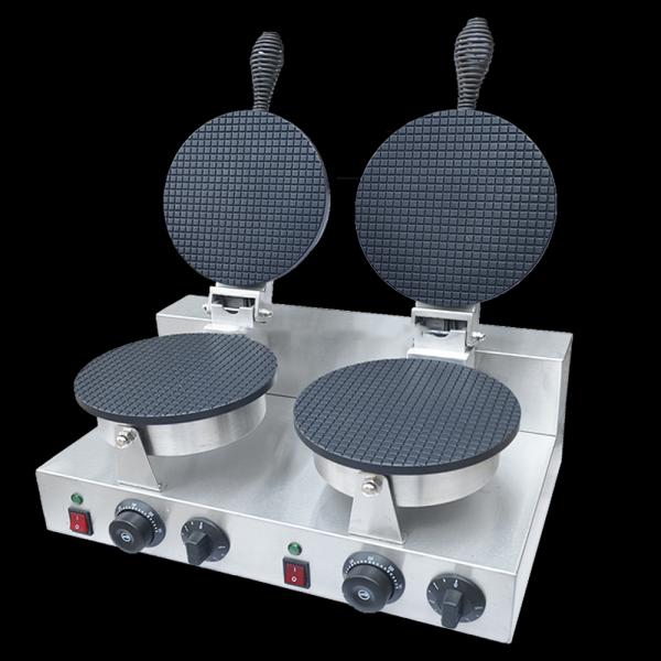 Máquina para hacer conos de helado de gofres comerciales, máquina de gofres de doble cabezal, máquina para hacer conos de panqueques