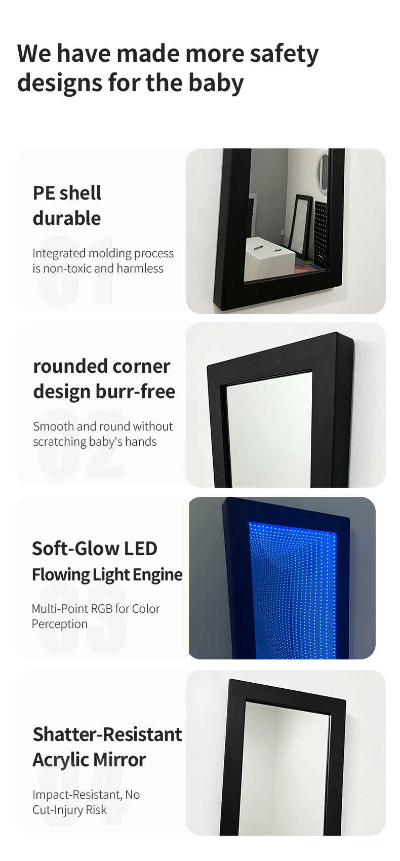 LED Sensory Lighting Mirror with Infinite 3D Tunnel Effect for Special Education Rooms and IP65 Waterproof Rating