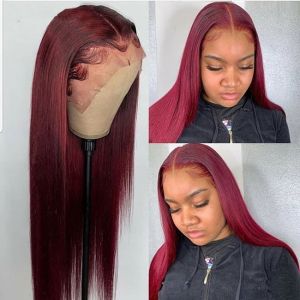 130% Density 99J Color Virgin Human Hair Front Lace Wig Straight Customized Human Hair Wigs