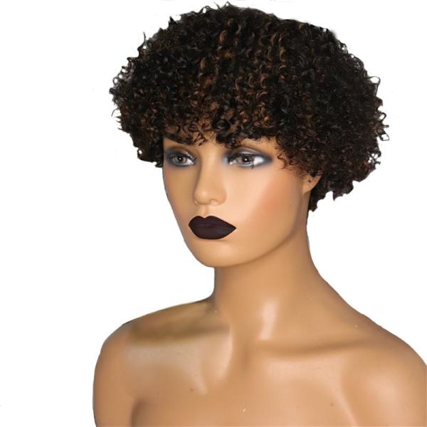 Light Brown Afro Curly Wig Cuticle Aligned Short Pixie Cut Human Hair Wigs with Bangs