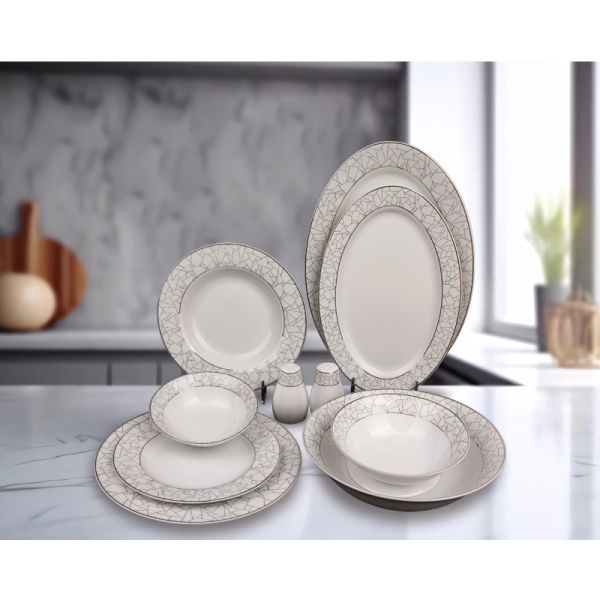 35pcs superwhite porcelain dinning set  with blue embossed flower and gold patterm