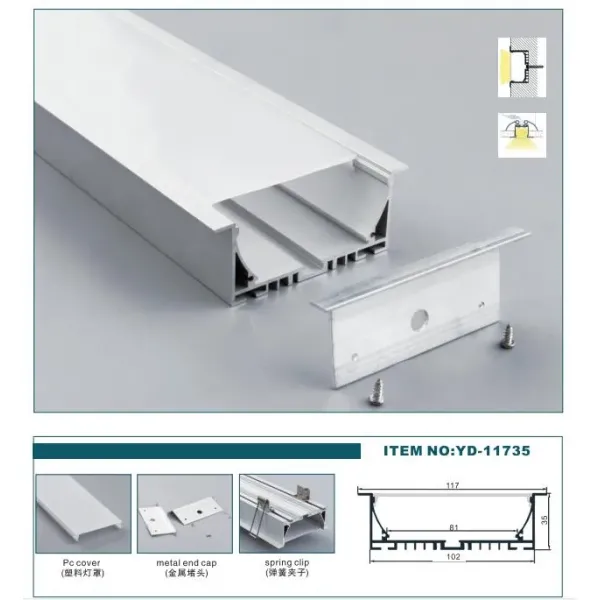 Large Size 117*35mm Recessed LED Profile with 6063 T3-T8 Aluminum Alloy and Anodized Surface
