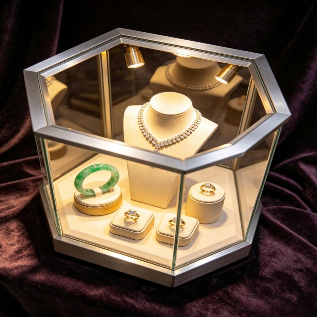 Luxurious White and Gold Jewelry Display Case with LED Lighting Eco-Friendly and Customizable Design for Retail Stores