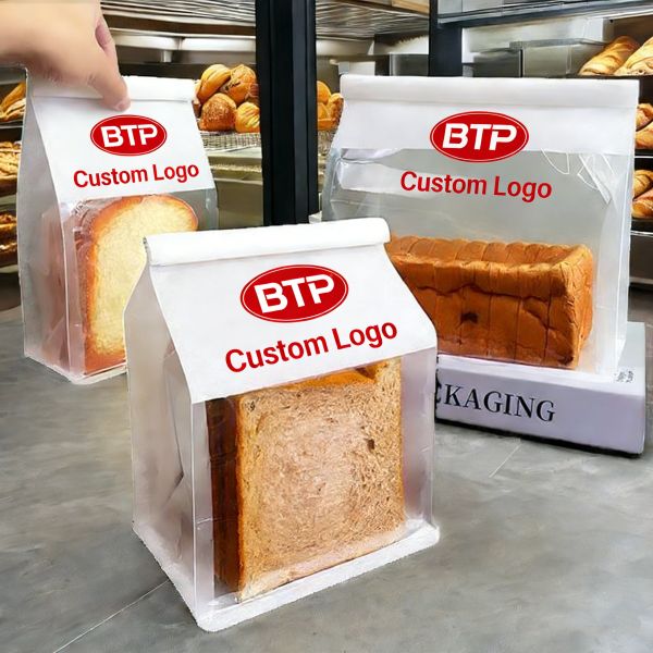 Custom MOQ 1000pcs Clear Paper Stand-Up Bread Packaging Bags Self-Supporting Transparent Bakery Storage Pouches