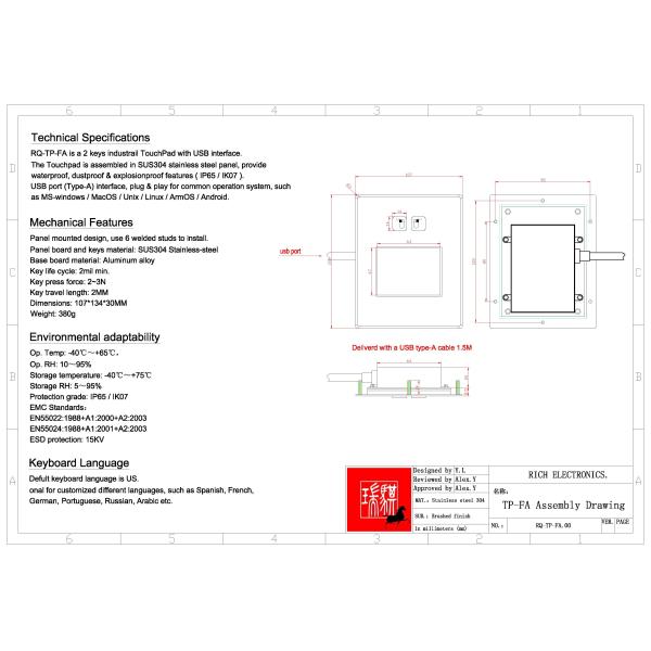 IP65/IK07 Waterproof/Dustproof Industrial Stainless steel TouchPad USB interface Front Panel Mounted