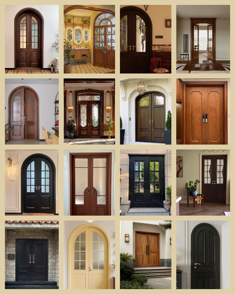 Rustic Solid Wood Exterior Door with Black Entry Handle for Double Front Entry Villa Main Entrance