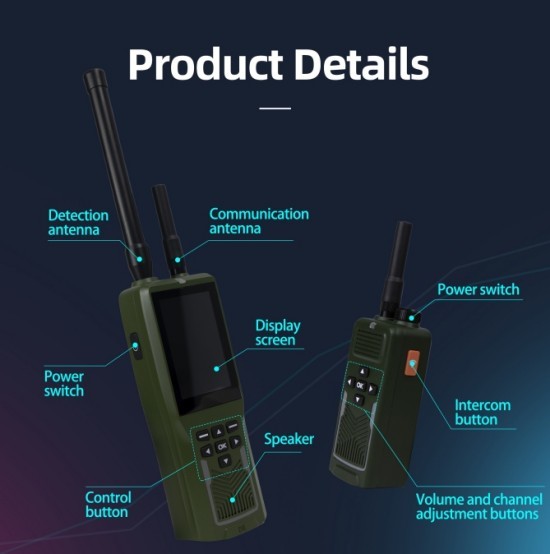 FPV warning RF fingerprint recognition 3-sec response, multi-brand drone support, portable handheld device with audio-light-vibration alerts