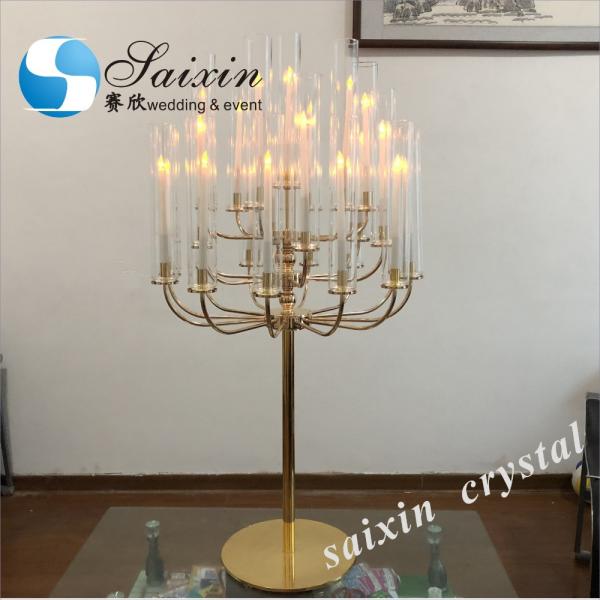 New wedding decoration tall gold metal candelabra with glass chimney