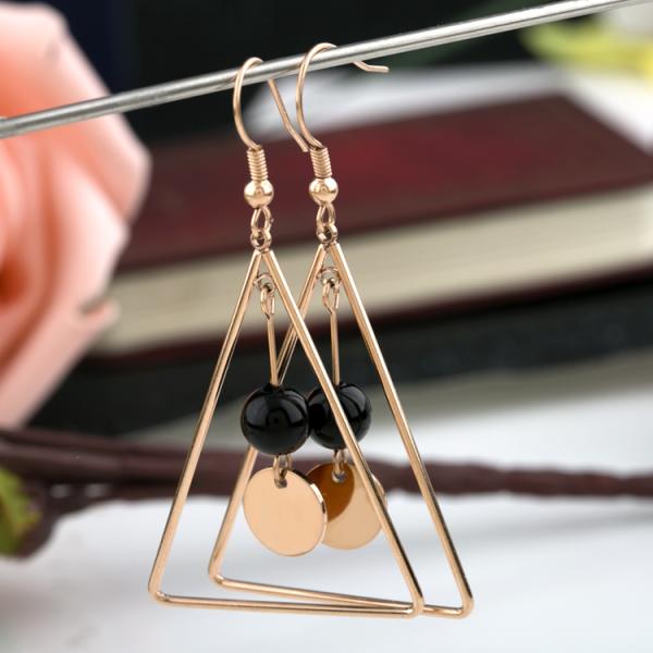 Black Agate Long Earrings, Triangle Design Staineless Steel Earring, 18K Gold Color Earring