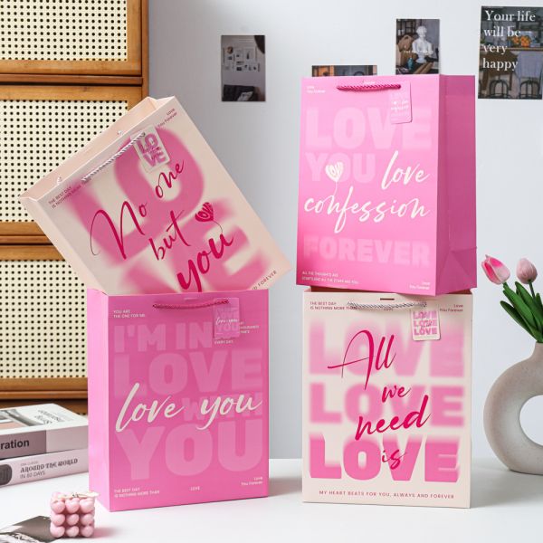 Gift Bag Set Premium Textured Cardboard Packaging Twisted Rope Handles Romantic Gift Bags