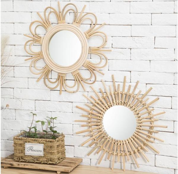 Design Natural Bathroom Large Wall Decorative Woven Custom Framed Wooden Rattan Wicker Willow Mirror