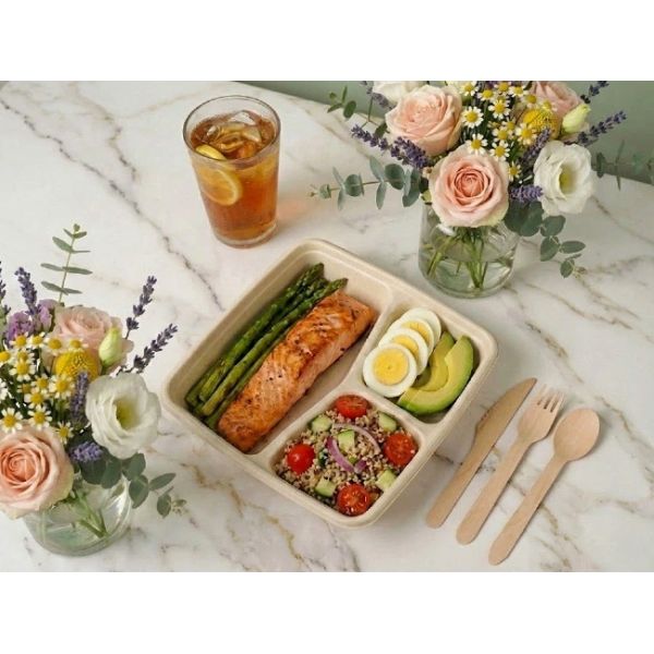 9 Inch 3 Compartment Bagasse Takeaway Box Container With Lid