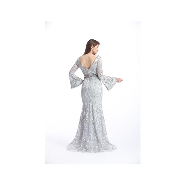 Mandarin Sleeve V Neck Sexy Long Sleeve Lace Formal Dress Floor Length