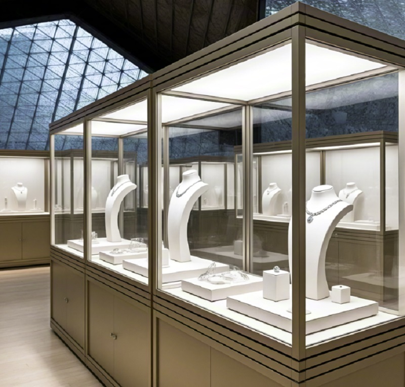 Luxury Champagne Gold Jewelry Display Cabinet with 360° Panoramic View and High CRI LED Lighting