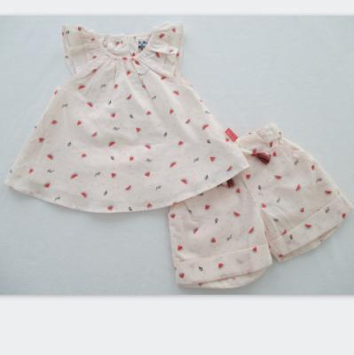 Short Baby Girl Two Piece Sets Cotton Woven Voile All Over Print
