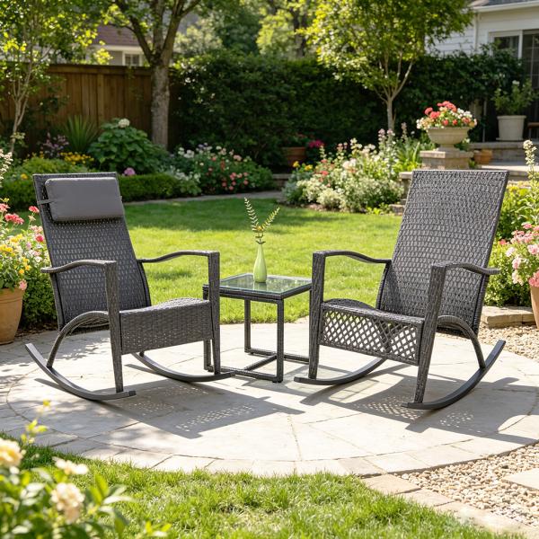 All-Weather PE Rattan Rocking Chair Set Outdoor Patio Conversation Wicker Rockers Tempered Glass Coffee Table for Balcony