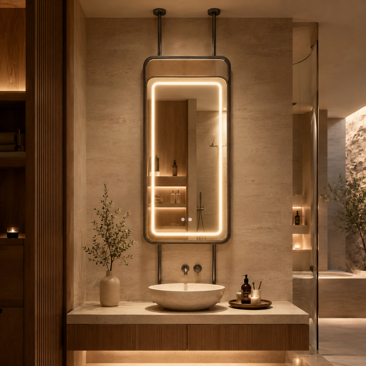 Kingstin Stainless Steel Suspended LED Bathroom Mirror for Semi-Open Vanities, 3 Color Temperature, Anti-Fog, Custom Rods