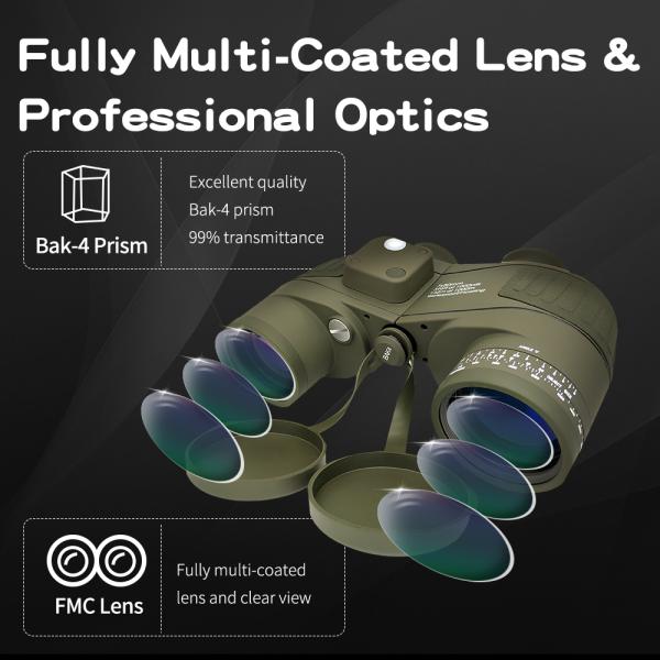 Adults Marine Military 20x50 Binoculars Waterproof With Rangefinder Compass BAK4 Prism FMC Lens