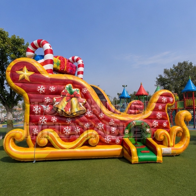 Large Christmas Theme Inflatable Slide with Sleigh Design and Holiday Decorations