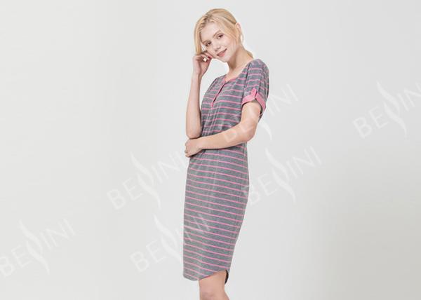 Polyester Cotton Jersey Ladies Night Dresses Sleepwear Short Sleeve Yarn Dyed Striped