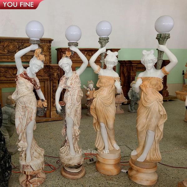 Hand Carved Life Size White Garden Arts Floor Statue Girl Marble Sculptures Lamp