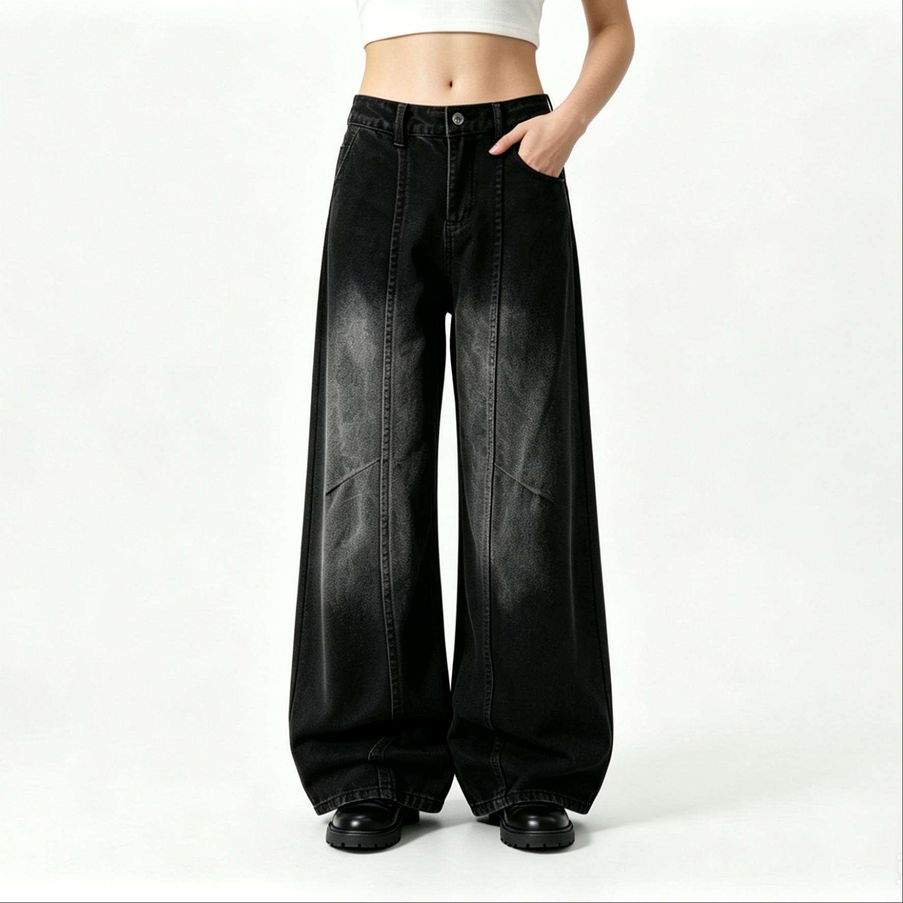 Elastic Back Light Wash Frayed Hem Jeans Black Blue Lyocell Blend Wide Leg Jeans Washed