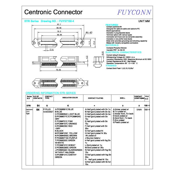 Соединитель гнездового разъема 32pairs IDC Pin штепсельной розетки 64 Centronics гофрируя