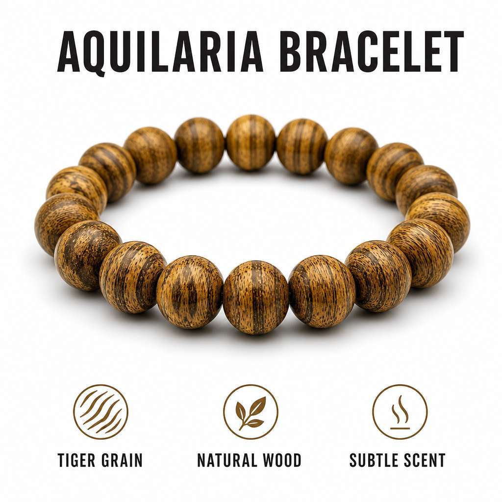Natural Aquilaria Wood Taoist Bracelet with Tiger Stripe Grain and Subtle Woody Fragrance for Meditation
