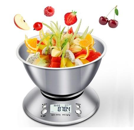 Báscula de cocina de diseño REDONDO, capacidad de 5 kg y 1 g, funciona con pilas e incluye cuenco para mediciones precisas