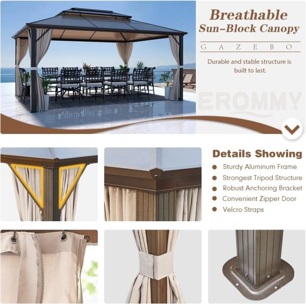 Gazebo Polycarbonate Double Roof Canopy Outdoor Aluminum Frame Pergola, Permanent Pavilion with Netting Curtains