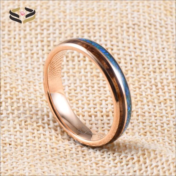 Anniversary Essential 5mm Rose Gold Women's Tungsten Ring with Wood Inlay and Opal Detail