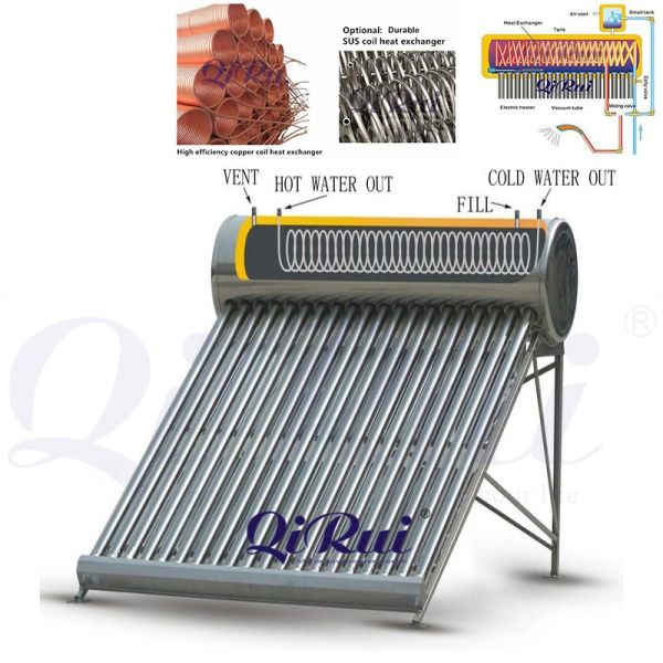 Best Home Integrated Vacuum Tube Coil Solar Water System All Stainless Steel Pressurized Solar Hot Water Heating Heater with Copper Pipe