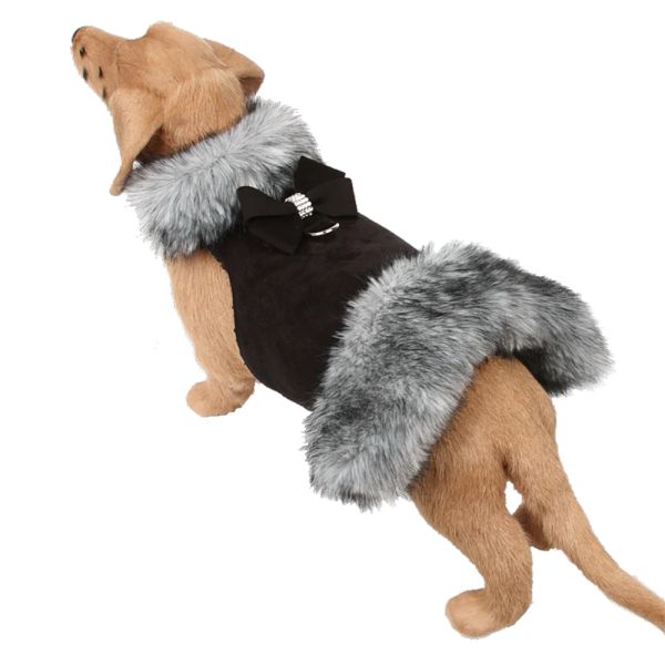 Platinum Glitzerati Bow Soft Silver Faux Suede Faux Fox Fur Dog Coat