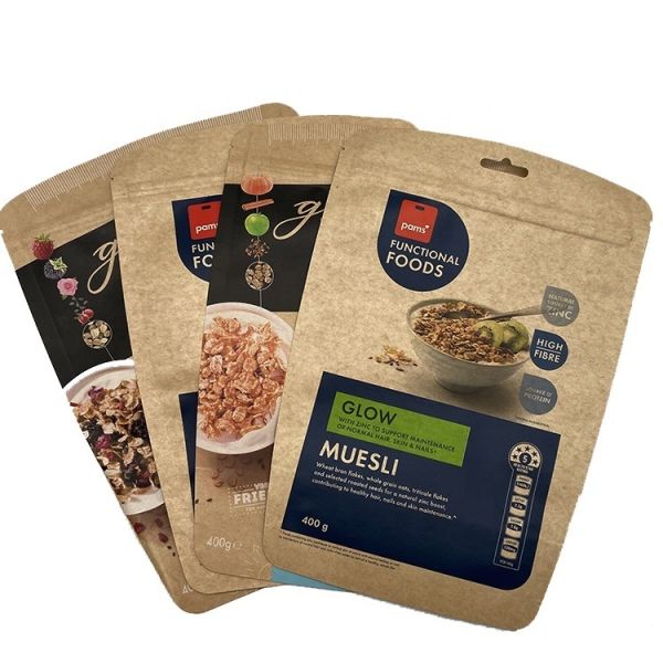 Snack Customized Size and Thickness Eco Friendly Stand Up Pouch Recyclables Plain Brown Kraft Paper Bag Clear Window Zip Lock