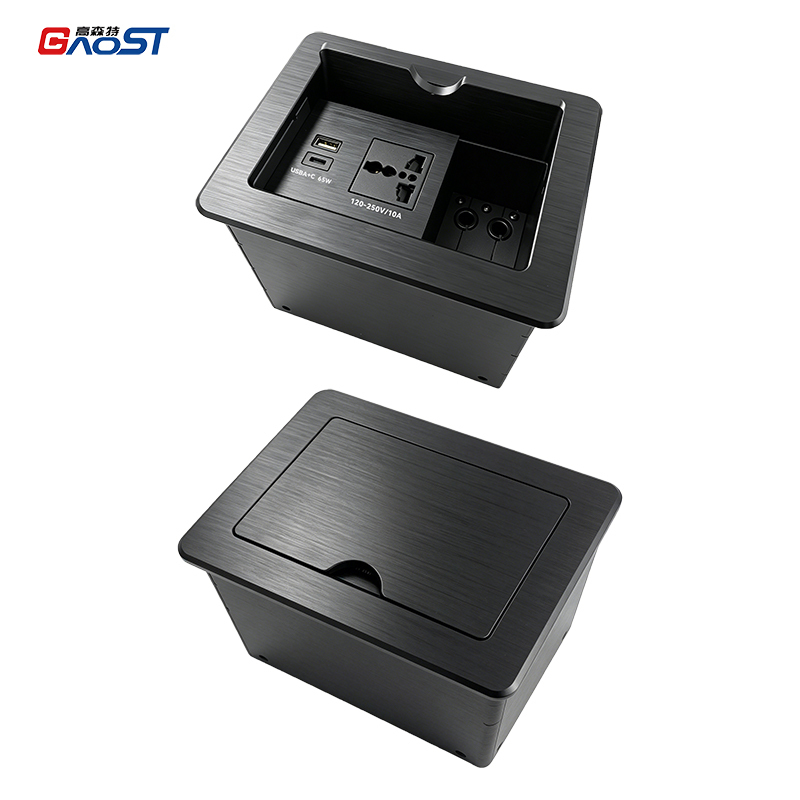 Premium Recessed Table Power Socket Box with 65W USB-C PD Fast Charging, Universal Outlet, and 4 Cable Pass-through Holes