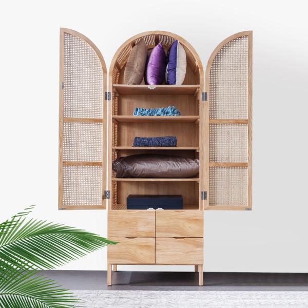 Wooden Wardrobe Closet Modern Rattan Clothes Storage Cabinet 2 Door Solid Wood 75*58*201cm